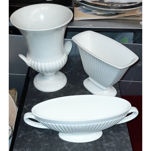 212 - WEDGWOOD BLACK GLOSS LOBED CAMPANA VASES, BLACK BASALT WARES INC CREAMER, AND SOME ETRURIA VASES