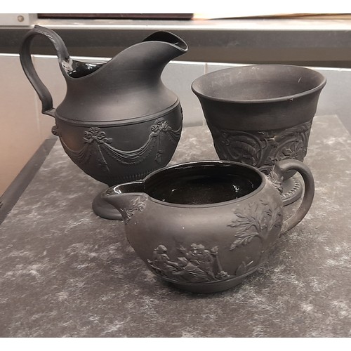212 - WEDGWOOD BLACK GLOSS LOBED CAMPANA VASES, BLACK BASALT WARES INC CREAMER, AND SOME ETRURIA VASES