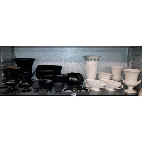 212 - WEDGWOOD BLACK GLOSS LOBED CAMPANA VASES, BLACK BASALT WARES INC CREAMER, AND SOME ETRURIA VASES