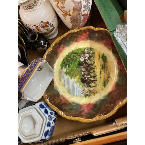 341 - BOX OF CERAMICS INCLUDING PRINKNASH BIRD PLATES, BONE CHINA THIMBLES, DECORATIVE GALLEON PLATE, VASE... 