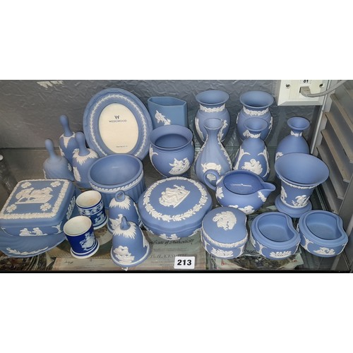 213 - WEDGWOOD BLUE JASPER WARE VASES, TRINKET BOXES, DECORATIVE BELLS, PHOTOGRAPH FRAME
