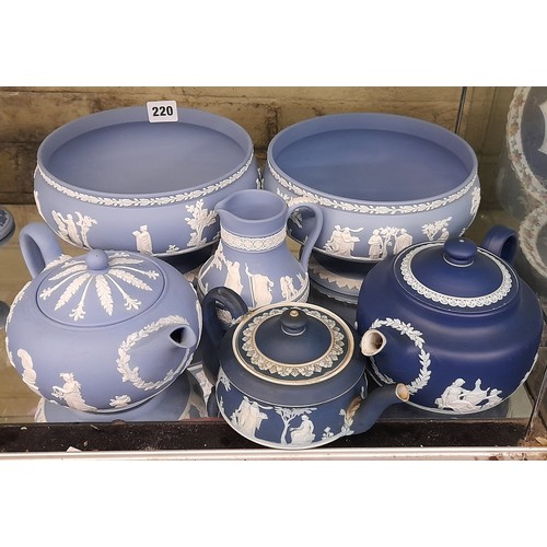 220 - WEDGWOOD BLUE JASPER PAIR OF PEDESTAL BLUE BOWLS, TEAPOT AND CREAM JUG