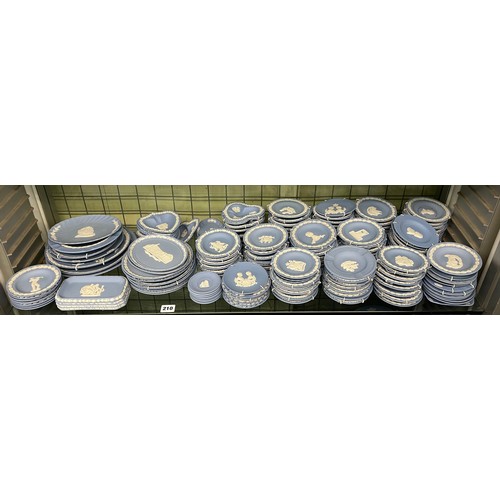 210 - SHELF OF WEDGWOOD POWDER BLUE JASPERWARE TREE FOIL, LOBED, CIRCULAR PIN DISHES, OVAL PLAQUES AND SMA... 