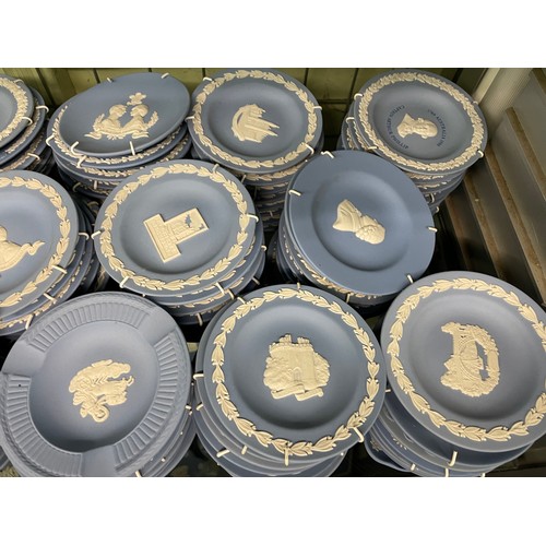 210 - SHELF OF WEDGWOOD POWDER BLUE JASPERWARE TREE FOIL, LOBED, CIRCULAR PIN DISHES, OVAL PLAQUES AND SMA... 