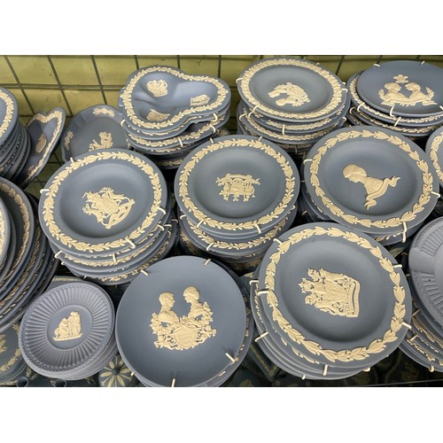 210 - SHELF OF WEDGWOOD POWDER BLUE JASPERWARE TREE FOIL, LOBED, CIRCULAR PIN DISHES, OVAL PLAQUES AND SMA... 