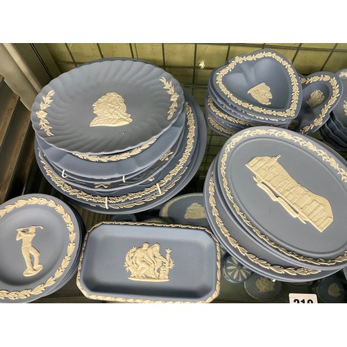 210 - SHELF OF WEDGWOOD POWDER BLUE JASPERWARE TREE FOIL, LOBED, CIRCULAR PIN DISHES, OVAL PLAQUES AND SMA... 