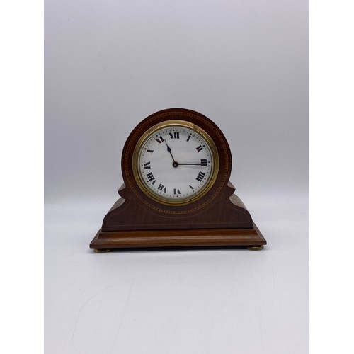 268 - MAHOGANY CHEQUER STRUNG ARCHED MANTEL TIME PIECE