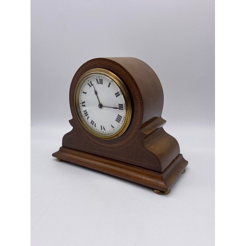 268 - MAHOGANY CHEQUER STRUNG ARCHED MANTEL TIME PIECE