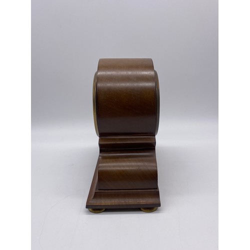268 - MAHOGANY CHEQUER STRUNG ARCHED MANTEL TIME PIECE