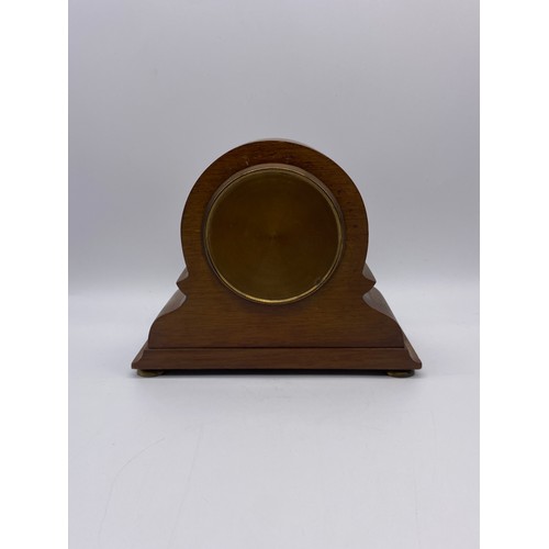 268 - MAHOGANY CHEQUER STRUNG ARCHED MANTEL TIME PIECE