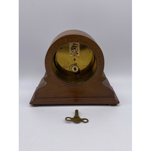 268 - MAHOGANY CHEQUER STRUNG ARCHED MANTEL TIME PIECE