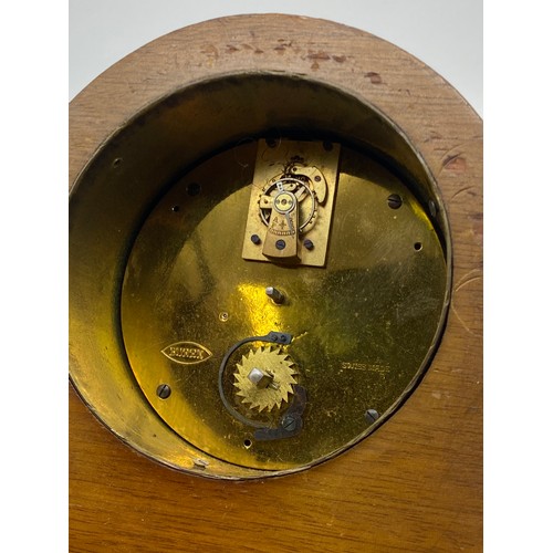 268 - MAHOGANY CHEQUER STRUNG ARCHED MANTEL TIME PIECE