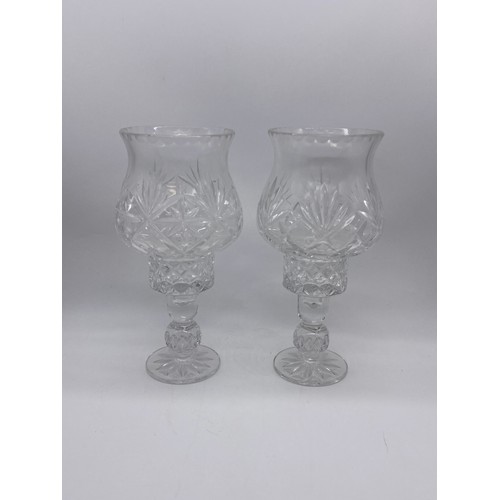 253 - PAIR OF CUT GLASS PEDESTAL TEA LIGHT LANTERNS
