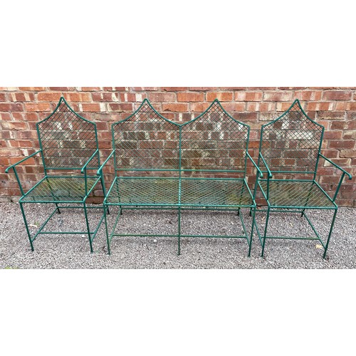 56 - GREEN METAL AND WIRE WORK LANCET BACKED GARDEN SOFA AND ARMCHAIRS