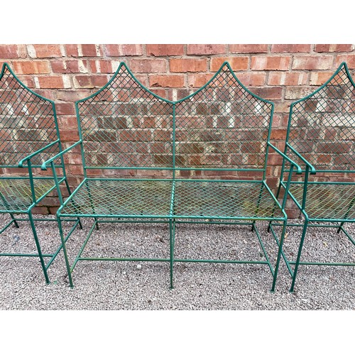 56 - GREEN METAL AND WIRE WORK LANCET BACKED GARDEN SOFA AND ARMCHAIRS