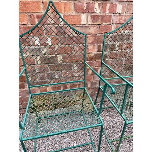 56 - GREEN METAL AND WIRE WORK LANCET BACKED GARDEN SOFA AND ARMCHAIRS