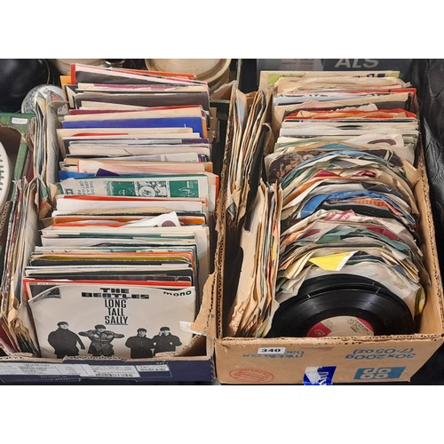 340 - TWO CARTONS OF VARIOUS VINYL 45 RPM RECORDS THE BEATLES, BING CROSBY AND DAVID BOWIE, AND OTHERS