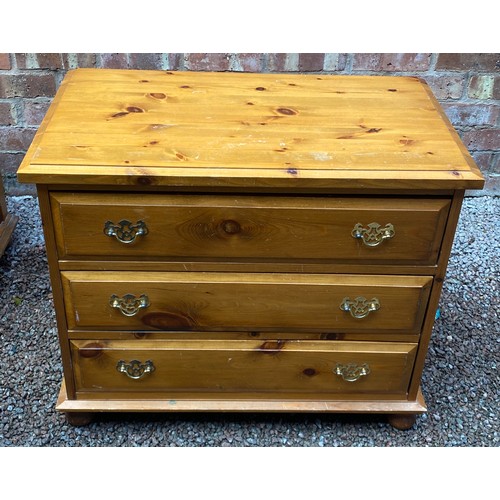 200 - PINE THREE DRAWER CHEST ON BUN FEET