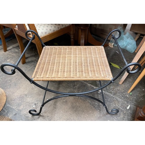 199A - WROUGHT IRON FRAMED AND RATTAN SEATED ROMAN STYLE STOOL