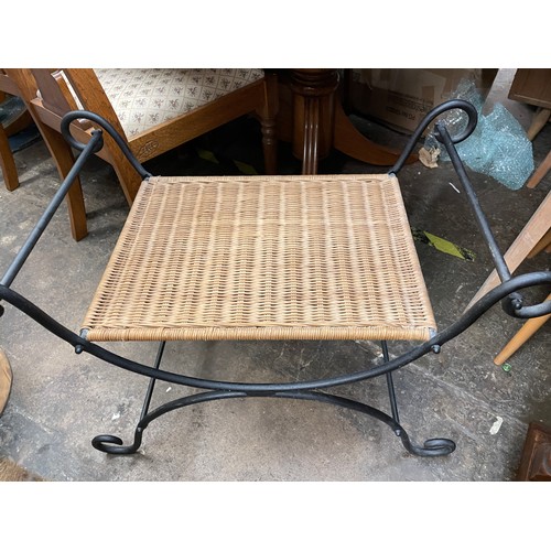 199A - WROUGHT IRON FRAMED AND RATTAN SEATED ROMAN STYLE STOOL