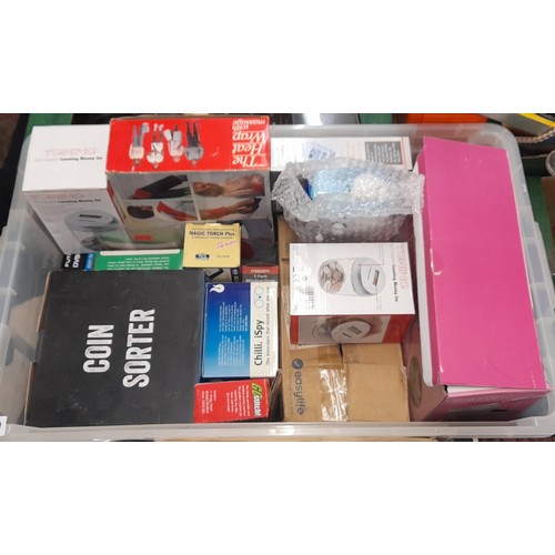 349 - CRATE - VARIOUS ITEMS INCLUDING COUNTING MONEY JARS, MICROWAVABLE POT SETS, BINOCULARS, MAGIC TORCH ... 