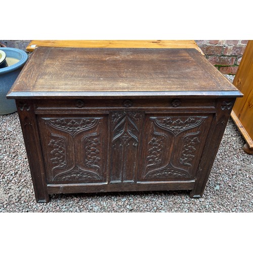 199 - OAK LINENFOLD AND CARVED COFFER