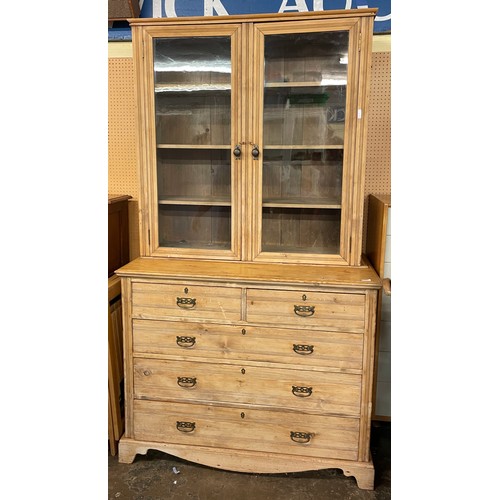 64 - EDWARDIAN SATIN WALNUT TWO OVER THREE DRAWER CHEST WITH GLAZED BOOK CASE TOP