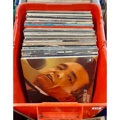 338 - CRATE OF VINYL LP RECORDS ECLECTIC MIX JOHNNY CASH, CHIC, SHRILEY BASSEY, BOB DYLAN