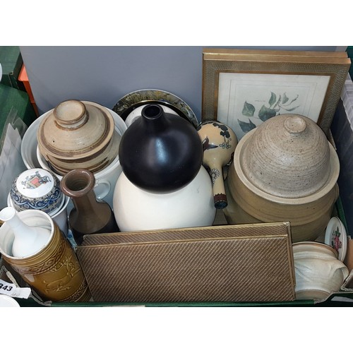 343 - CARTON OF VARIOUS STONEWARE JARS, POTS, DISH AND COVER, WEDGWOOD CLEMENTINE AND BONE CHINA PLATES