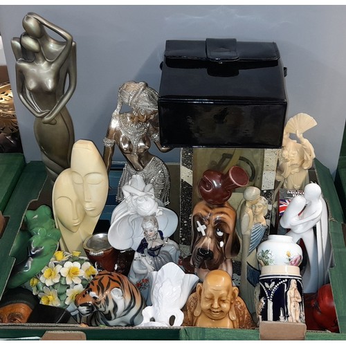 367 - CARTON - VARIOUS RESIN AND CHINA FIGURES GROUPS, SEATED TIGER, POST BOX MONEY BOX AND OTHERS