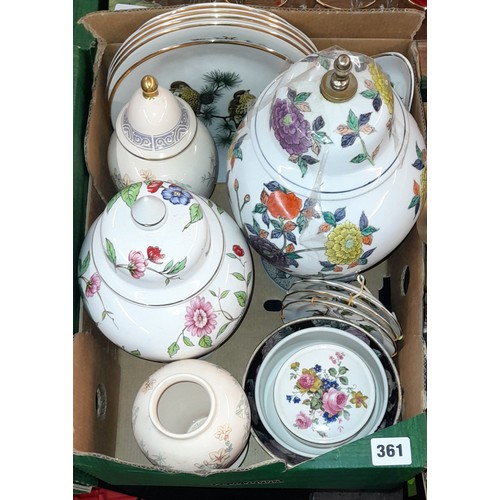 361 - CARTON - TWO ORIENTAL INSPIRED JARS AND COVERS, POOLE POTTERY BOWL, BOHEMIAN CHINA BIRD PLATES