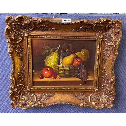 209 - 20TH CENTURY OILS ON CANVAS STILL LIFE BASKET OF GRAPES AND FRUIT IN SWEPT FRAME