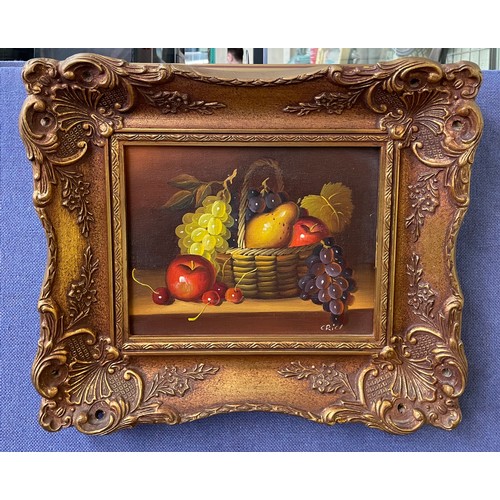 209 - 20TH CENTURY OILS ON CANVAS STILL LIFE BASKET OF GRAPES AND FRUIT IN SWEPT FRAME