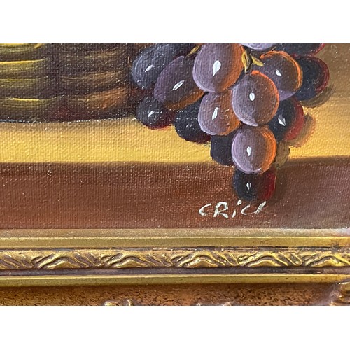 209 - 20TH CENTURY OILS ON CANVAS STILL LIFE BASKET OF GRAPES AND FRUIT IN SWEPT FRAME