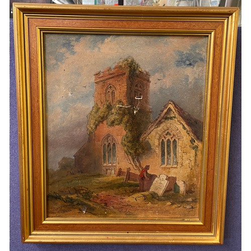 205 - 19TH CENTURY OIL ON CANVAS CHURCH GRAVEYARD SIGNED LOWER LEFT DATED 1864 A/F