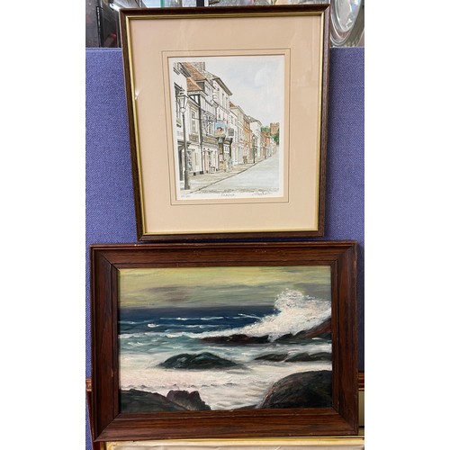 211 - SMALL OIL ON BOARD OF A STORMY SEASCAPE AND A LIMITED SIGNED STREET SCENE PRINT OF FARNHAM