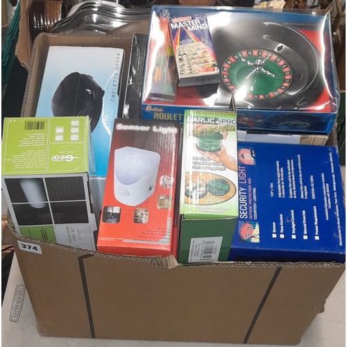 374 - BOX CONTAINING MISCELLANEOUS ITEMS - MINI COFFEE MACHINE, VACUUM FRESH STORAGE, OMELETTE MAKER, GARL... 