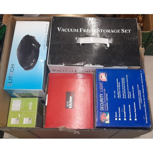 374 - BOX CONTAINING MISCELLANEOUS ITEMS - MINI COFFEE MACHINE, VACUUM FRESH STORAGE, OMELETTE MAKER, GARL... 