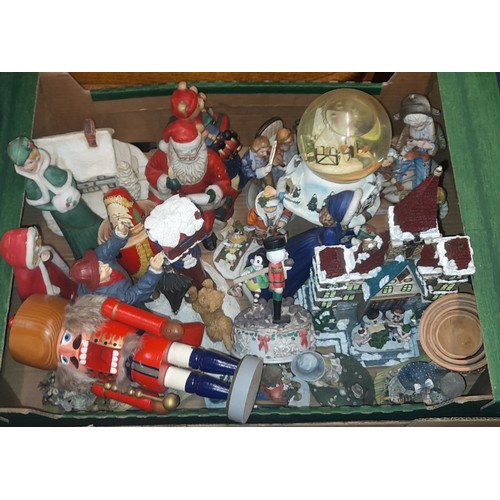 217 - CARTON OF CHRISTMAS RELATED THEMED ORNAMENTS, FIGURES, SNOW GLOBES