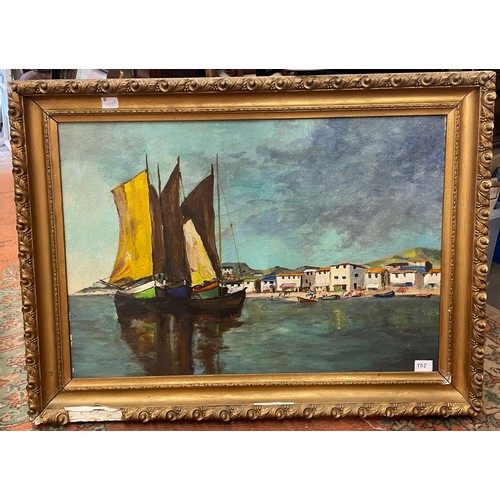 608 - OIL ON BOARD OF SHIPS IN A MEDITERRANEAN LANDSCAPE IN GILT FRAME 75CM X 52CM APPROX