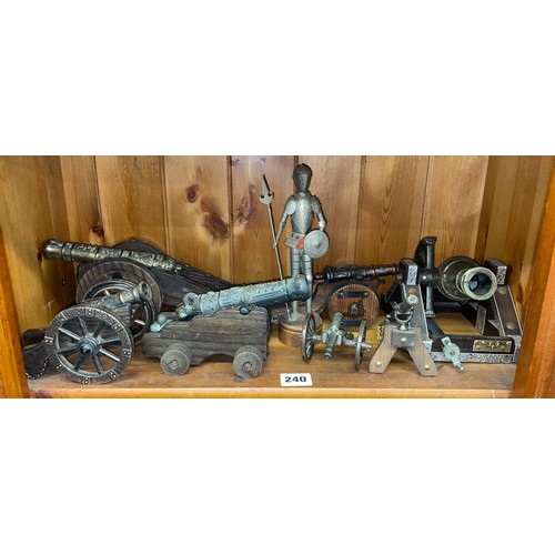 240 - SHELF OF MODELS OF FIELD GUNS, CANNONS AND A KNIGHT