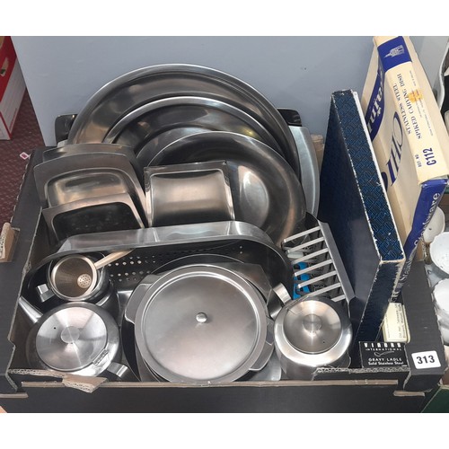 313 - BOX OF VINTAGE OLD HALL STAINLESS STEEL WARES, TEA SERVICE, BOXED TABLEWARE AND CUTLERY