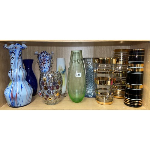 227 - SHELF OF MOTTLED END OF THE DAY GLASS VASES, GOLD BANDED TAPERED VASES, AND DIMPLED EXAMPLES