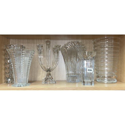 226 - VILLEROY AND BOCH GLASS TAPER VASE, RIB VASE, AND A NACHTMANN FIVE BRANCH CANDLE HOLDER