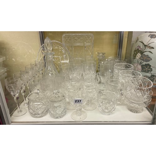 237 - SHELF OF CUT GLASSWARES, TUMBLERS, MALLET DECANTER, PRESERVE JARS