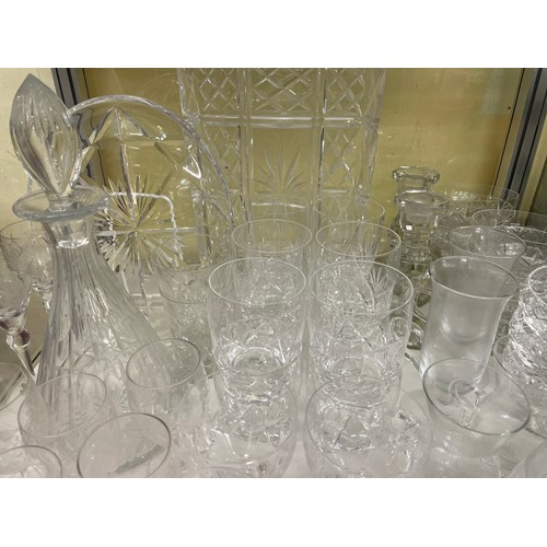 237 - SHELF OF CUT GLASSWARES, TUMBLERS, MALLET DECANTER, PRESERVE JARS