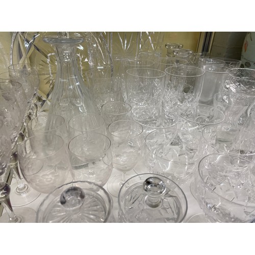 237 - SHELF OF CUT GLASSWARES, TUMBLERS, MALLET DECANTER, PRESERVE JARS