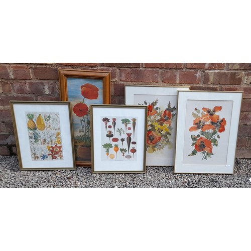 605 - LITHOGRAPHIC PRINTS OF POPPIES, PAIR OF PRINTS OF PRINTS OF FRUIT AND FAUNA, AND PAIR OF SILK PAINTI... 