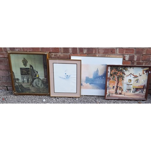 607 - TWO GILT FRAMED MIRRORS AND FOUR ASSORTED PRINTS