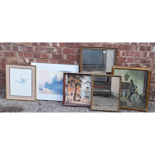 607 - TWO GILT FRAMED MIRRORS AND FOUR ASSORTED PRINTS